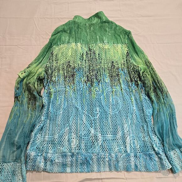 Cativa Wearable Art Jacket Blue Green Abstract Crinkle Mesh Back Sz XL Dopamine - Picture 8 of 12
